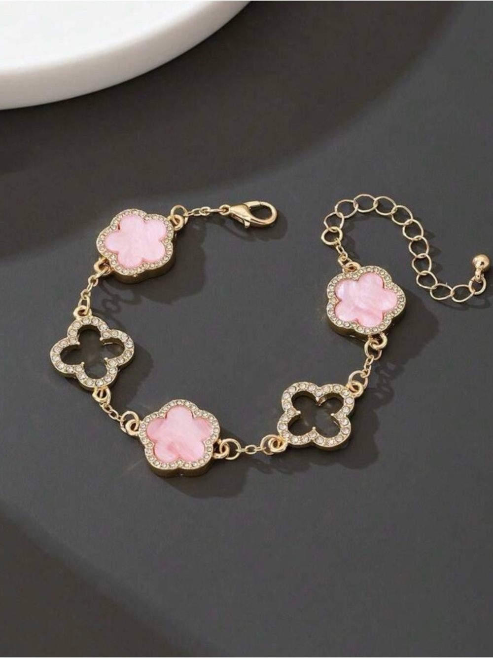 Gold Plated Pink Clover Link Bracelet - Picture 4 of 4